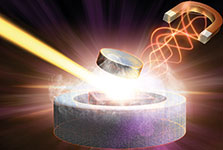 In this artistic rendering, a magnetic pulse (right) and X-ray laser light (left) converge on a high-temperature superconductor to study the behaviour of its electrons.